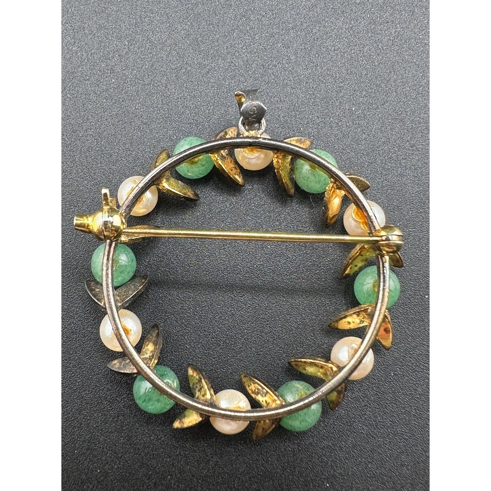 VTG 1940s 1950s Sterling Silver Jade Pearl Wreath Brooch Pendant - Picture 5 of 16